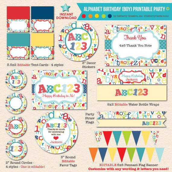 ABC123 Boy's Alphabet Birthday - DIY Printable Party Pack - inkberrycards