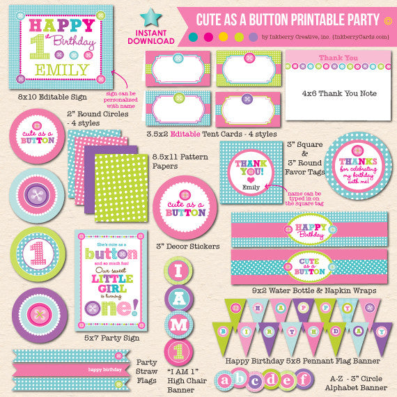 Cute as a Button First Birthday - DIY Printable Party Pack - inkberrycards