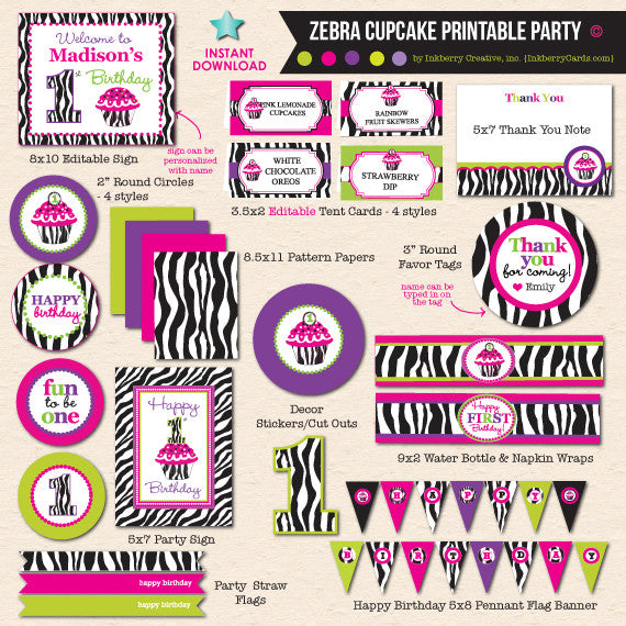 Zebra Cupcake First Birthday Party - DIY Printable Party Pack - inkberrycards