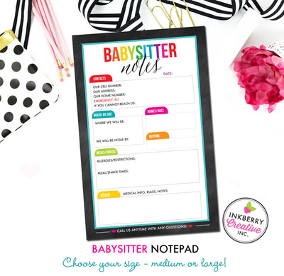 Babysitter Notepad - Color Tab Grid - 2 Sizes Available - inkberrycards