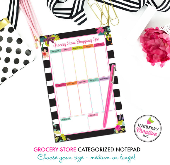 Grocery Shopping List Notepad - Black and White Striped Floral - 2 Sizes Available - inkberrycards