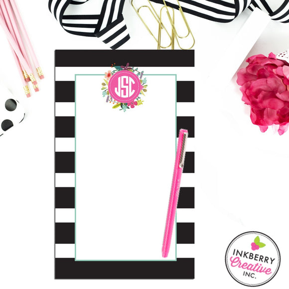 Personalized Notepad - Black and White Striped Floral - 3 Sizes Available - Small, Medium or Large - Customized with name, monogram or colors - inkberrycards