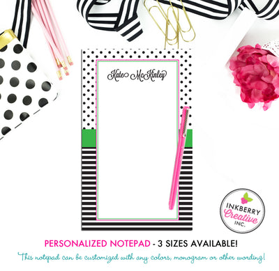 Personalized Notepad - Preppy Dot Stripe - 3 Sizes Available - Small, Medium or Large - Customized with name, monogram or colors - inkberrycards
