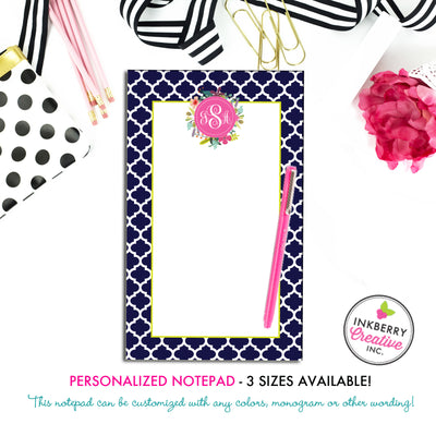 Personalized Notepad - Quatrefoil Floral - 3 Sizes Available - Small, Medium or Large - Customized with name, monogram or colors - inkberrycards