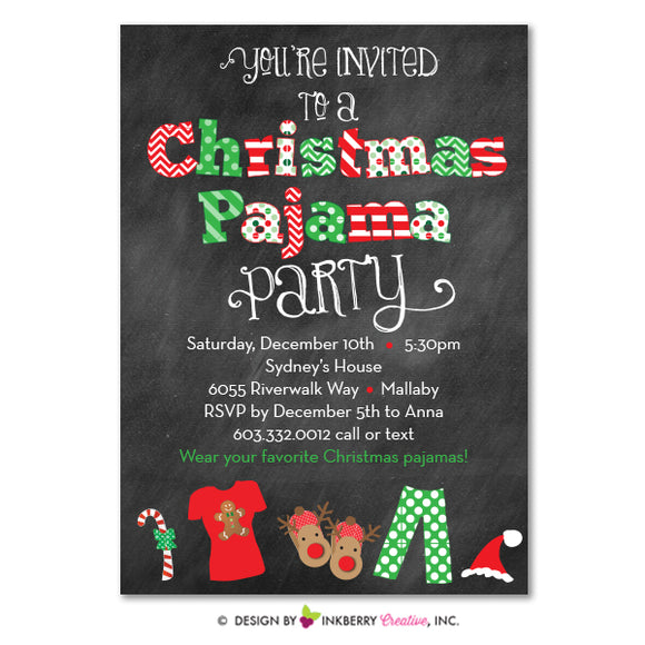 Chalkboard Style Christmas Pajama Party Invitation - inkberrycards