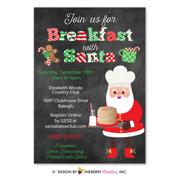 Breakfast with Santa Chalkboard Christmas Party Invitation, Kids Santa Breakfast, Pancakes, Milk (Printable File OR Printed Cardstock Cards)