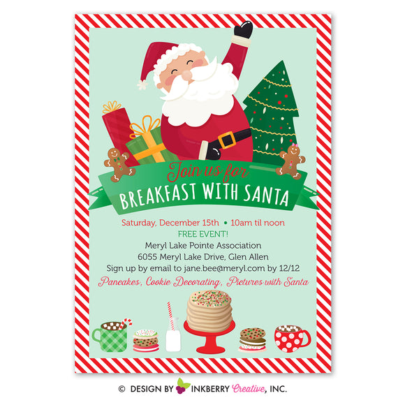 Breakfast with Santa Christmas Party Invitation - Kids Santa Breakfast, Pancakes, Cookies, Milk, Digital File OR Printed Cardstock Cards