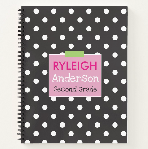 Black & White Polka Dot - Circle Monogram - Personalized, Custom Spiral Notebook