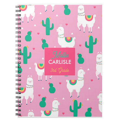 Cactus and Llama Kids Personalized, Custom Notebook - Homework, School, Durable Spiral Notebook for Back to School - Cute Llama Hearts