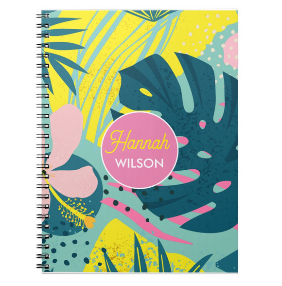 Modern Bright Floral Leaves - Kids Personalized, Custom Notebook - Homework, School, Durable Spiral Notebook for Back to School - Palm Leaf, Flowers