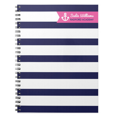 Navy & Pink Girl's Nautical Stripe - Personalized, Custom Notebook