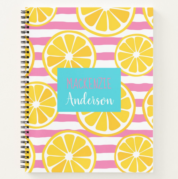 Pink Stripe Lemon Slice - Kids Personalized, Custom Notebook - Homework, School, Durable Spiral Notebook for Back to School - Pink Yellow Lemons