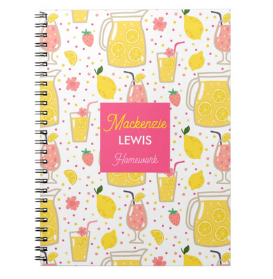 Strawberry Lemonade Kids Personalized, Custom Notebook - Homework, School, Durable Spiral Notebook for Back to School - Pink Yellow Strawberry Lemons