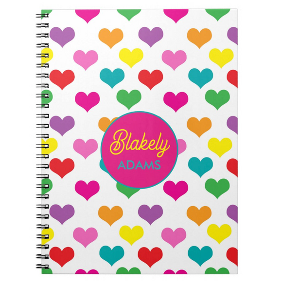 Rainbow Hearts - Girl's Custom, Personalized Notebook