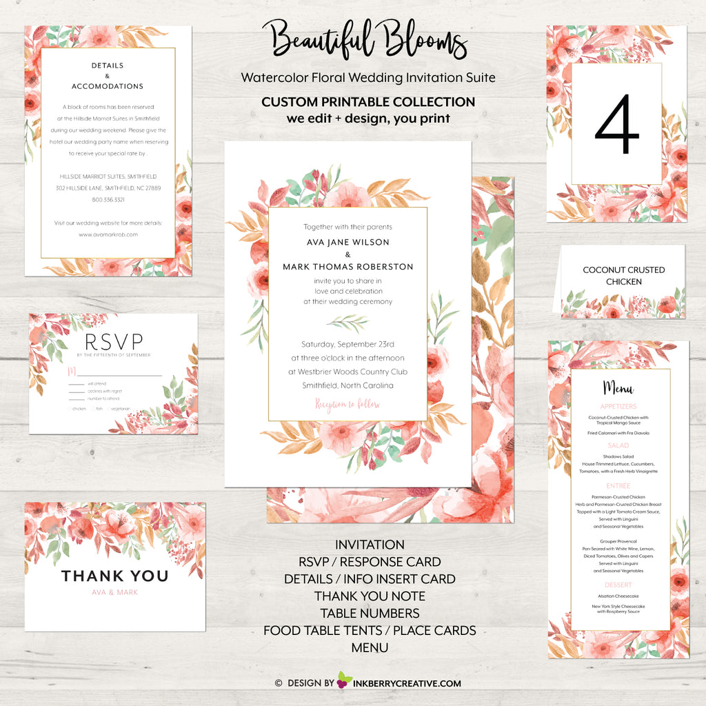 Beautiful Blooms - Watercolor Painted Floral Printable Wedding Collection - Custom Design, Printable Files, We Personalize, Edit - You Print - inkberrycards
