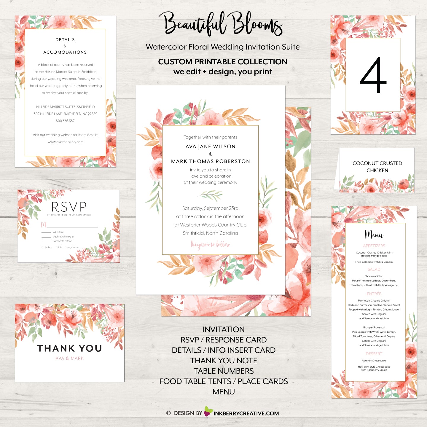 Beautiful Blooms - Watercolor Painted Floral Printable Wedding Collection - Custom Design, Printable Files, We Personalize, Edit - You Print - inkberrycards