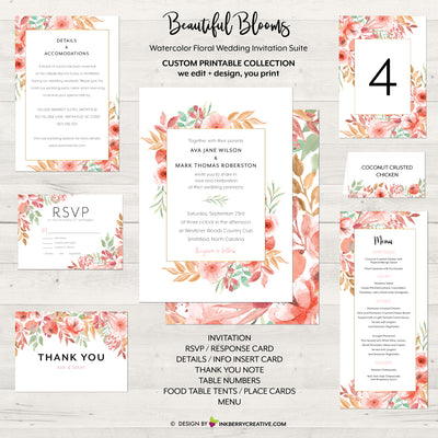 Beautiful Blooms - Watercolor Painted Floral Printable Wedding Collection - Custom Design, Printable Files, We Personalize, Edit - You Print - inkberrycards