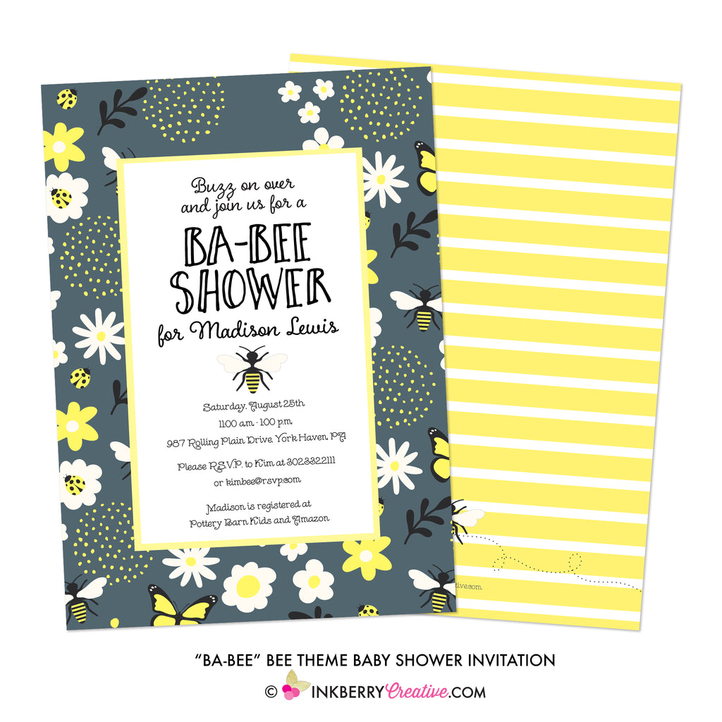 Be-Bee Gray and Yellow Bee Theme Baby Shower Invitation - inkberrycards