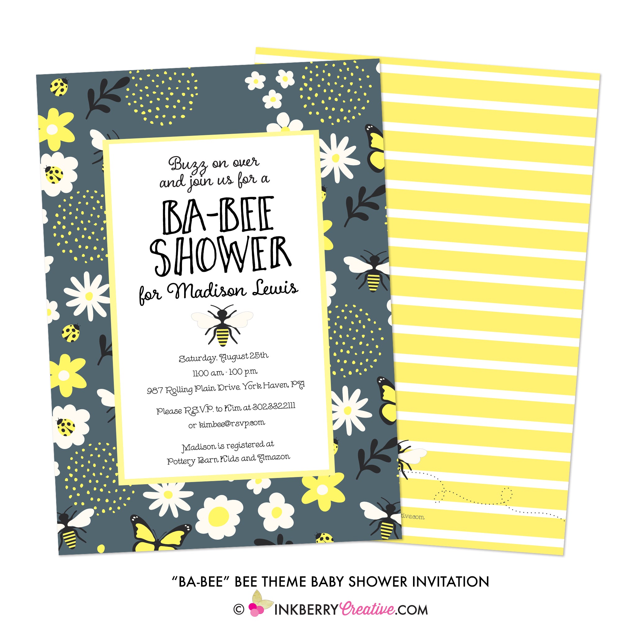 Be-Bee Gray and Yellow Bee Theme Baby Shower Invitation - inkberrycards