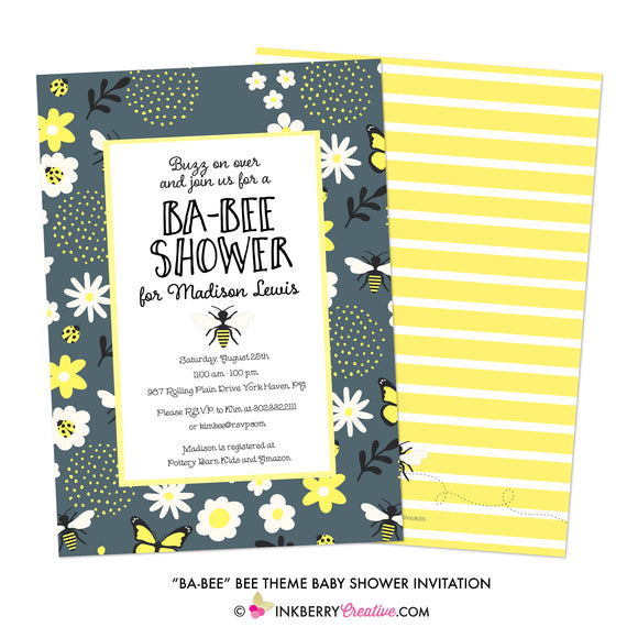 Be-Bee Gray and Yellow Bee Theme Baby Shower Invitation - inkberrycards