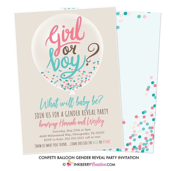 Confetti Balloon Gender Reveal Party Invitation - inkberrycards