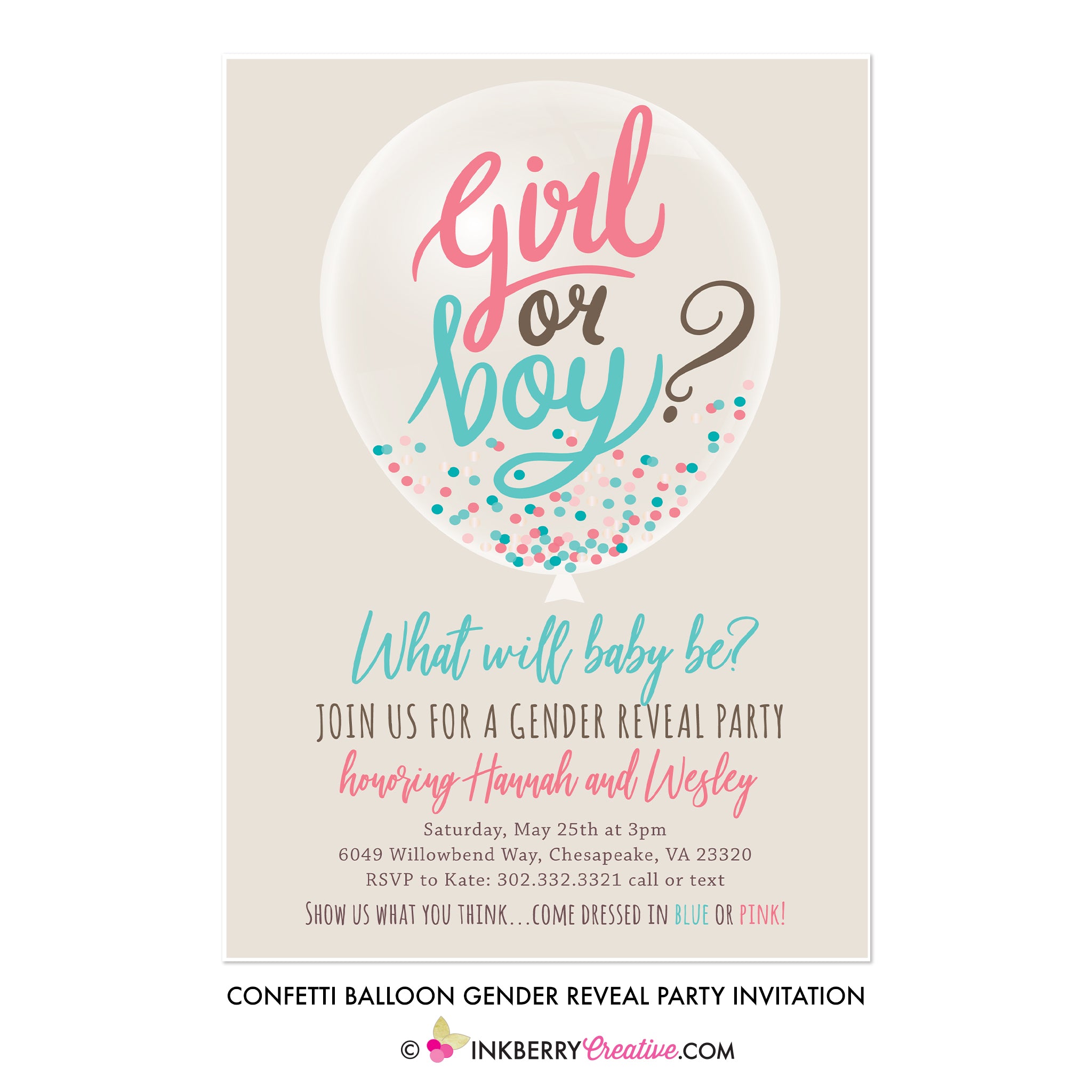 Confetti Balloon Gender Reveal Party Invitation - inkberrycards
