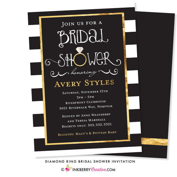 Black White and Gold Engagement Ring Bridal Shower Invitation - inkberrycards