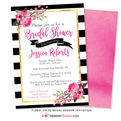 Black and White Stripe Pink Floral Bridal Shower Invitation - inkberrycards