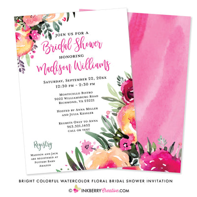 Bright and Colorful Watercolor Painted Floral Bridal Shower Invitation - inkberrycards