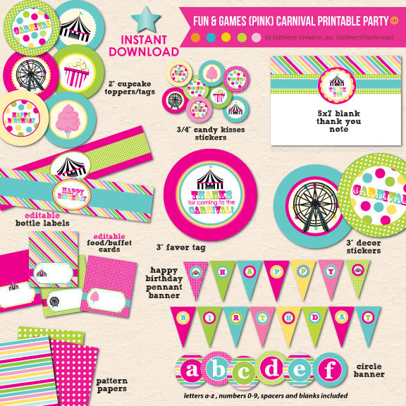 Fun & Games Girl's Carnival Birthday - DIY Printable Party Pack - inkberrycards