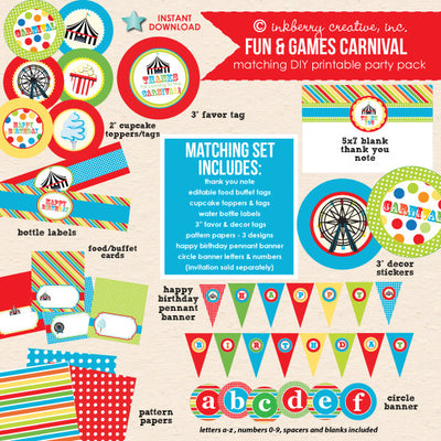 Fun & Games (Primary Colors) Carnival Birthday - DIY Printable Party Pack - inkberrycards