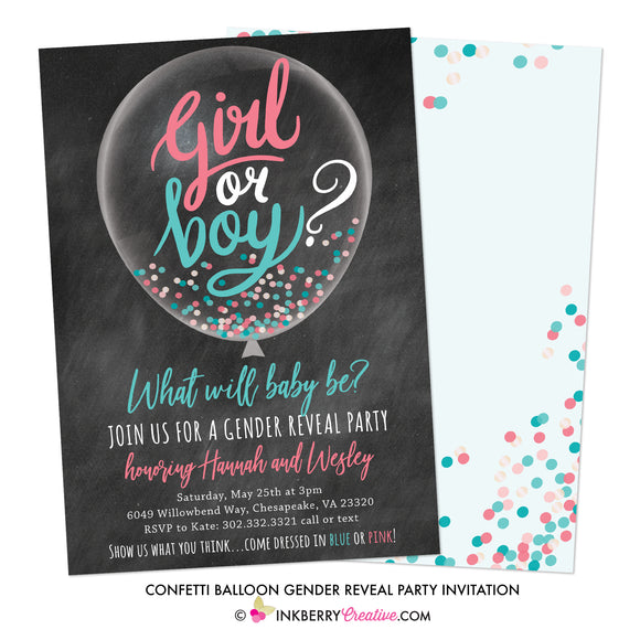 Confetti Balloon Gender Reveal Party Invitation (Chalkboard) - inkberrycards