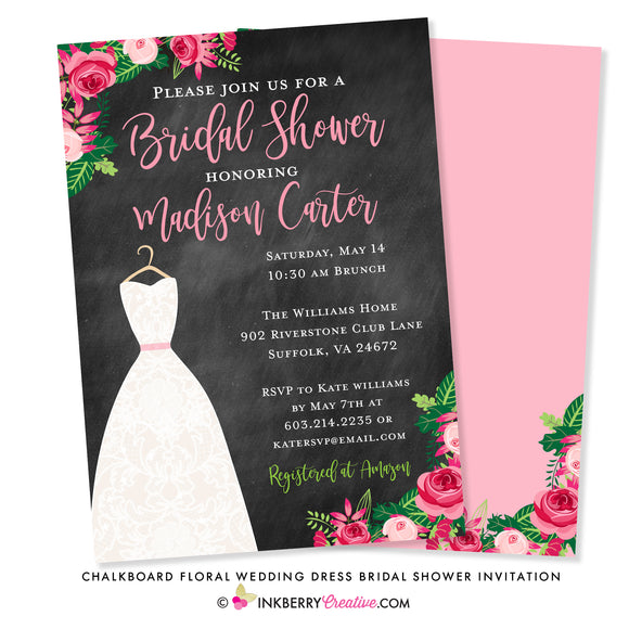 Chalkboard Floral Wedding Dress Bridal Shower Invitation - inkberrycards