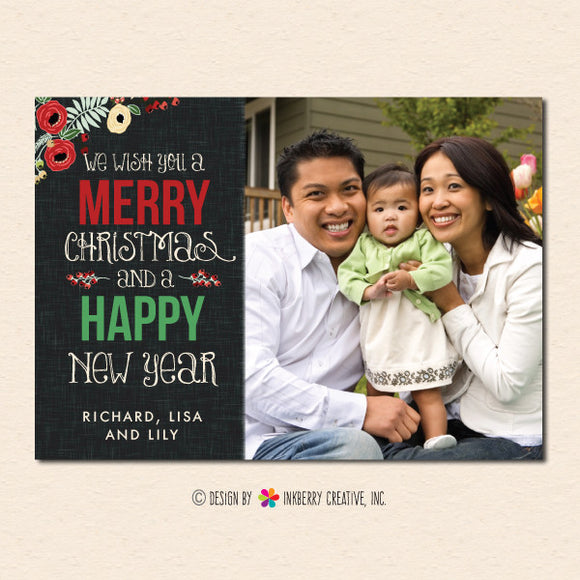 Floral and Linen Christmas Photo Card - inkberrycards
