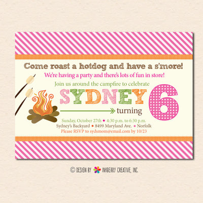Girls S'mores and Camping Birthday Party Invitation - inkberrycards