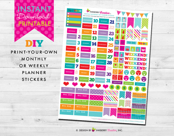 Printable Planner Stickers - Instant Download - Bright, Colorful, Monthly or Weekly Planning Stickers for Erin Condren, Happy Planner & More - inkberrycards
