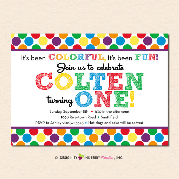 Rainbow Polka Dot Colorful and Fun First Year - 1st Birthday Party Invitation - Boy, Girl Colorful Rainbow Party Invite (Digital or Printed on Cardstock)