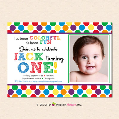Rainbow Polka Dot Birthday Party Invitation - Boy, Girl Colorful Rainbow Party Invite (Digital or Printed on Cardstock)