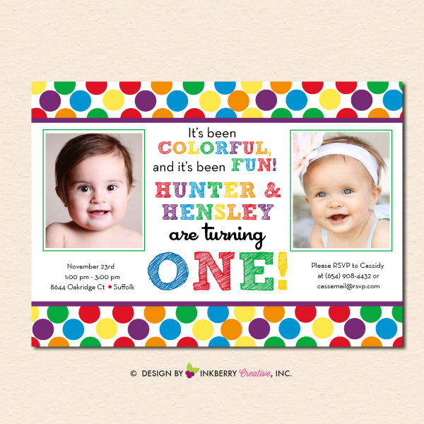 Rainbow Polka Dot Twins Birthday Party Invitation - Sibling, Twin, Boy, Girl Colorful (Digital or Printed on Cardstock)
