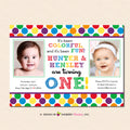 Rainbow Polka Dot Twins Birthday Party Invitation - Sibling, Twin, Boy, Girl Colorful (Digital or Printed on Cardstock)