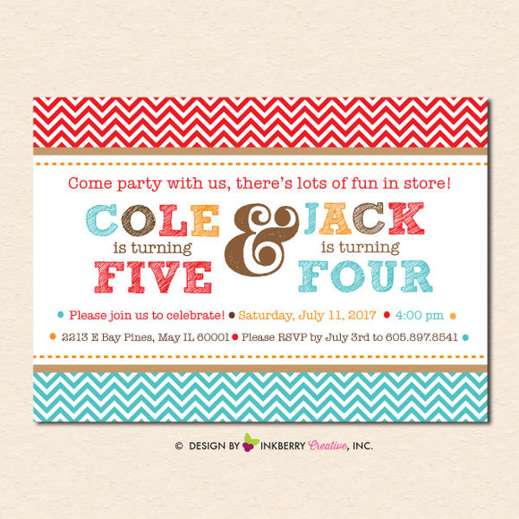 Red and Aqua Chevron Sibling Birthday Party Invitation - inkberrycards