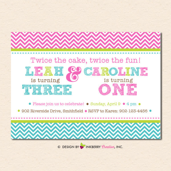 Pink and Aqua Chevron GiIrl Sibling Birthday Party Invitation - inkberrycards