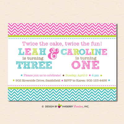 Pink and Aqua Chevron GiIrl Sibling Birthday Party Invitation - inkberrycards