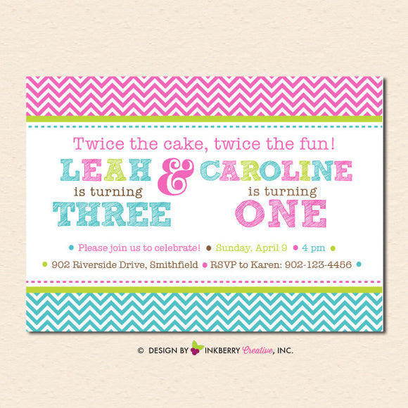 Pink and Aqua Chevron GiIrl Sibling Birthday Party Invitation - inkberrycards