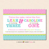 Pink and Aqua Chevron GiIrl Sibling Birthday Party Invitation - inkberrycards