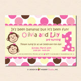 Twin Monkey Girls - First 1st Birthday Party Invitation, Pink Yellow Monkey Girls Party Invitation