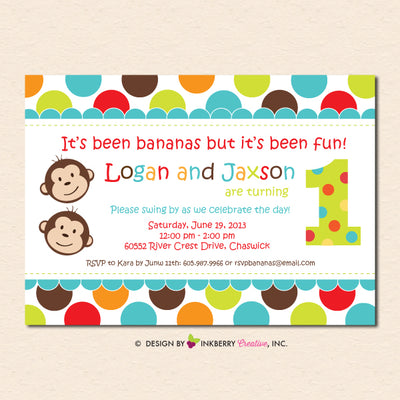 Twin Monkey Boys - First 1st Birthday Party Invitation, Colorful Monkey Boys Party Invitation