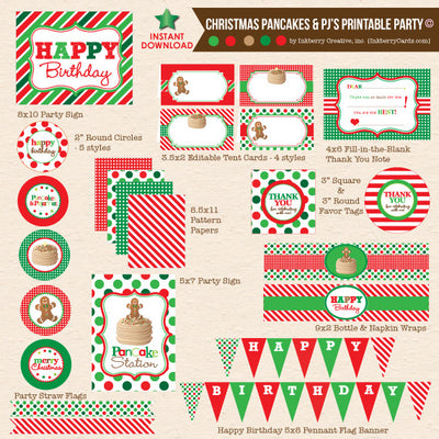 Christmas Pancakes & Pajamas Birthday - DIY Printable Party Pack - inkberrycards