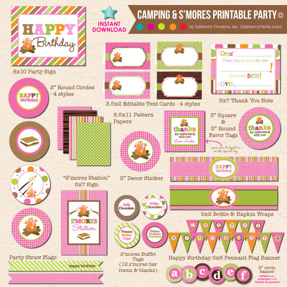 Girl's Camping & S'mores Birthday - DIY Printable Party Pack - inkberrycards