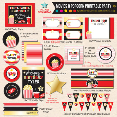 Movies & Popcorn Birthday Party - DIY Printable Party Pack - inkberrycards
